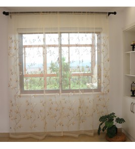 Brown and yellow delicate leaf pattern tulle curtains