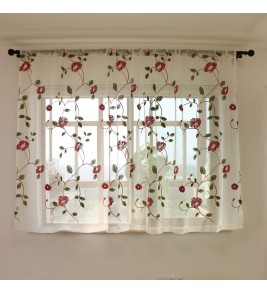 Purple-red flowers and leaves embroidered tulle curtains